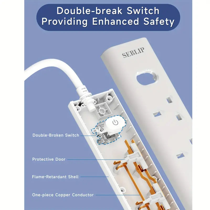 UK 4 AC Outlets Extension Cord With 152.4 cm Cable, Fire Prevention, Pure Copper, Safety Shutter, Sleep Friendly Indicator Light, Smart Charging, Power Switch, Multi Plug Power Strip With 2 USB Slots (1 C&1 A Ports), 13 A 3250 W, For Home Office, White