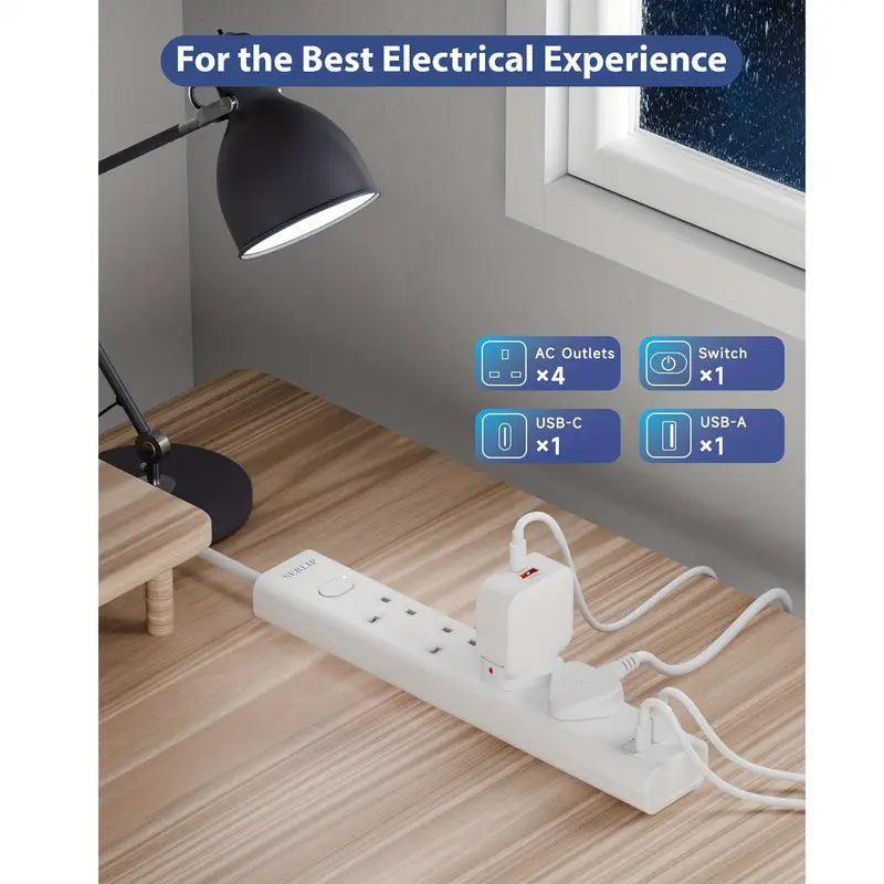 UK 4 AC Outlets Extension Cord With 152.4 cm Cable, Fire Prevention, Pure Copper, Safety Shutter, Sleep Friendly Indicator Light, Smart Charging, Power Switch, Multi Plug Power Strip With 2 USB Slots (1 C&1 A Ports), 13 A 3250 W, For Home Office, White