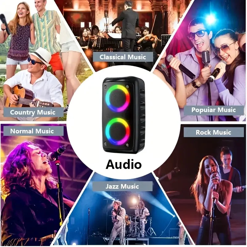 | COMING SOON |  2025 Newly Upgraded Wireless Speaker Subwoofer, Holiday Favorite Portable Wireless Speaker with Built-in Wired Microphone, 7 Color Lights, 5.0, Dual 3-inch Subwoofers, FM Radio, MP3 Playback