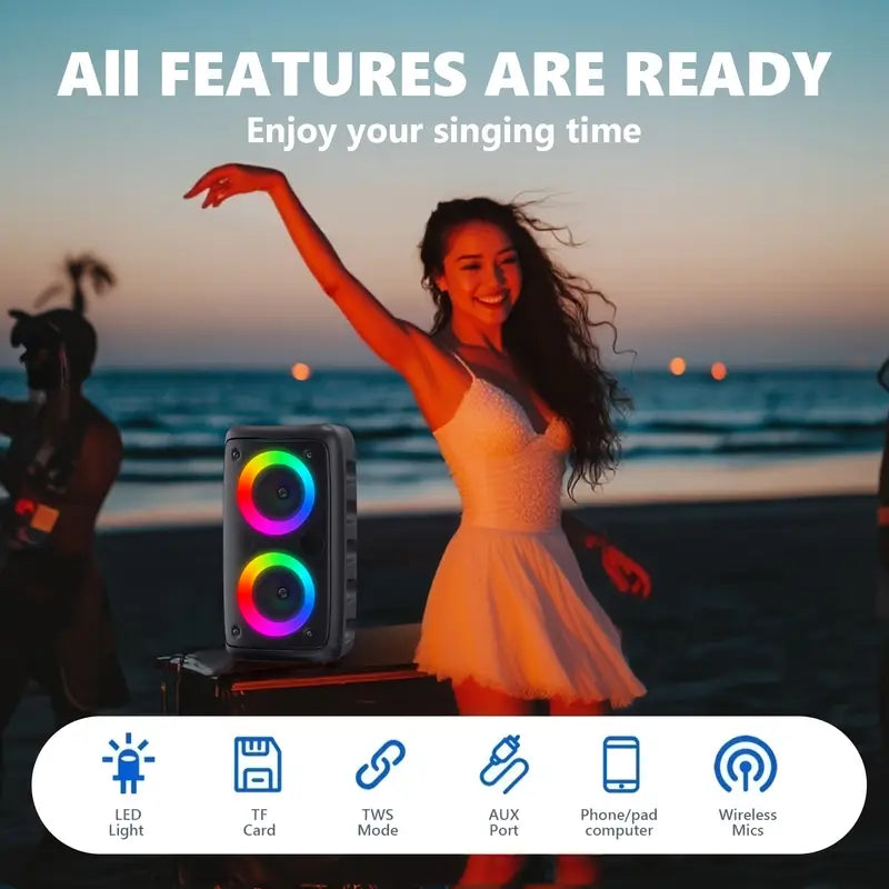 | COMING SOON |  2025 Newly Upgraded Wireless Speaker Subwoofer, Holiday Favorite Portable Wireless Speaker with Built-in Wired Microphone, 7 Color Lights, 5.0, Dual 3-inch Subwoofers, FM Radio, MP3 Playback