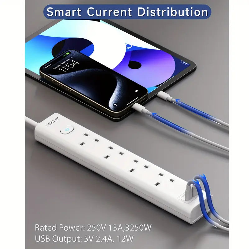 UK 4 AC Outlets Extension Cord With 152.4 cm Cable, Fire Prevention, Pure Copper, Safety Shutter, Sleep Friendly Indicator Light, Smart Charging, Power Switch, Multi Plug Power Strip With 2 USB Slots (1 C&1 A Ports), 13 A 3250 W, For Home Office, White