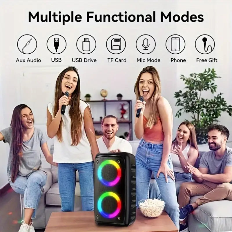 | COMING SOON |  2025 Newly Upgraded Wireless Speaker Subwoofer, Holiday Favorite Portable Wireless Speaker with Built-in Wired Microphone, 7 Color Lights, 5.0, Dual 3-inch Subwoofers, FM Radio, MP3 Playback