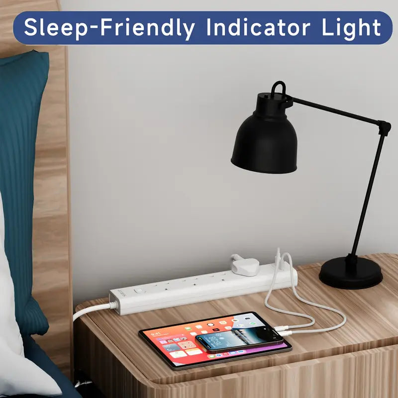 UK 4 AC Outlets Extension Cord With 152.4 cm Cable, Fire Prevention, Pure Copper, Safety Shutter, Sleep Friendly Indicator Light, Smart Charging, Power Switch, Multi Plug Power Strip With 2 USB Slots (1 C&1 A Ports), 13 A 3250 W, For Home Office, White