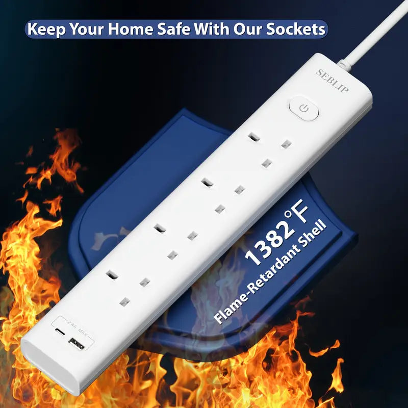 UK 4 AC Outlets Extension Cord With 152.4 cm Cable, Fire Prevention, Pure Copper, Safety Shutter, Sleep Friendly Indicator Light, Smart Charging, Power Switch, Multi Plug Power Strip With 2 USB Slots (1 C&1 A Ports), 13 A 3250 W, For Home Office, White