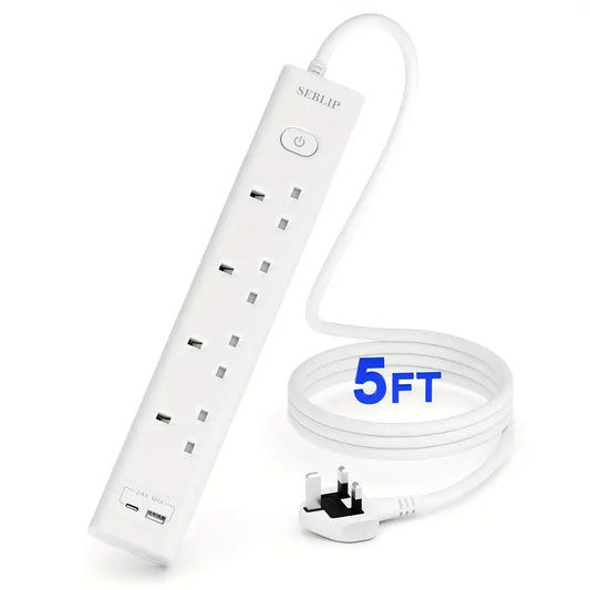 UK 4 AC Outlets Extension Cord With 152.4 cm Cable, Fire Prevention, Pure Copper, Safety Shutter, Sleep Friendly Indicator Light, Smart Charging, Power Switch, Multi Plug Power Strip With 2 USB Slots (1 C&1 A Ports), 13 A 3250 W, For Home Office, White