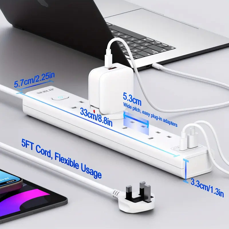 UK 4 AC Outlets Extension Cord With 152.4 cm Cable, Fire Prevention, Pure Copper, Safety Shutter, Sleep Friendly Indicator Light, Smart Charging, Power Switch, Multi Plug Power Strip With 2 USB Slots (1 C&1 A Ports), 13 A 3250 W, For Home Office, White